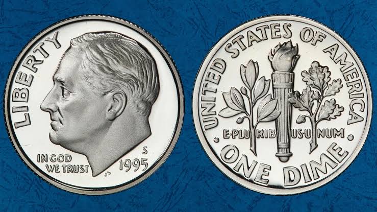 Side-by-side comparison of 1995 Roosevelt dime torch bands — left shows partial bands, right shows Full Bands (FB) designation