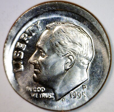 1995 Roosevelt dime broadstrike error showing spread design and missing collar reeding