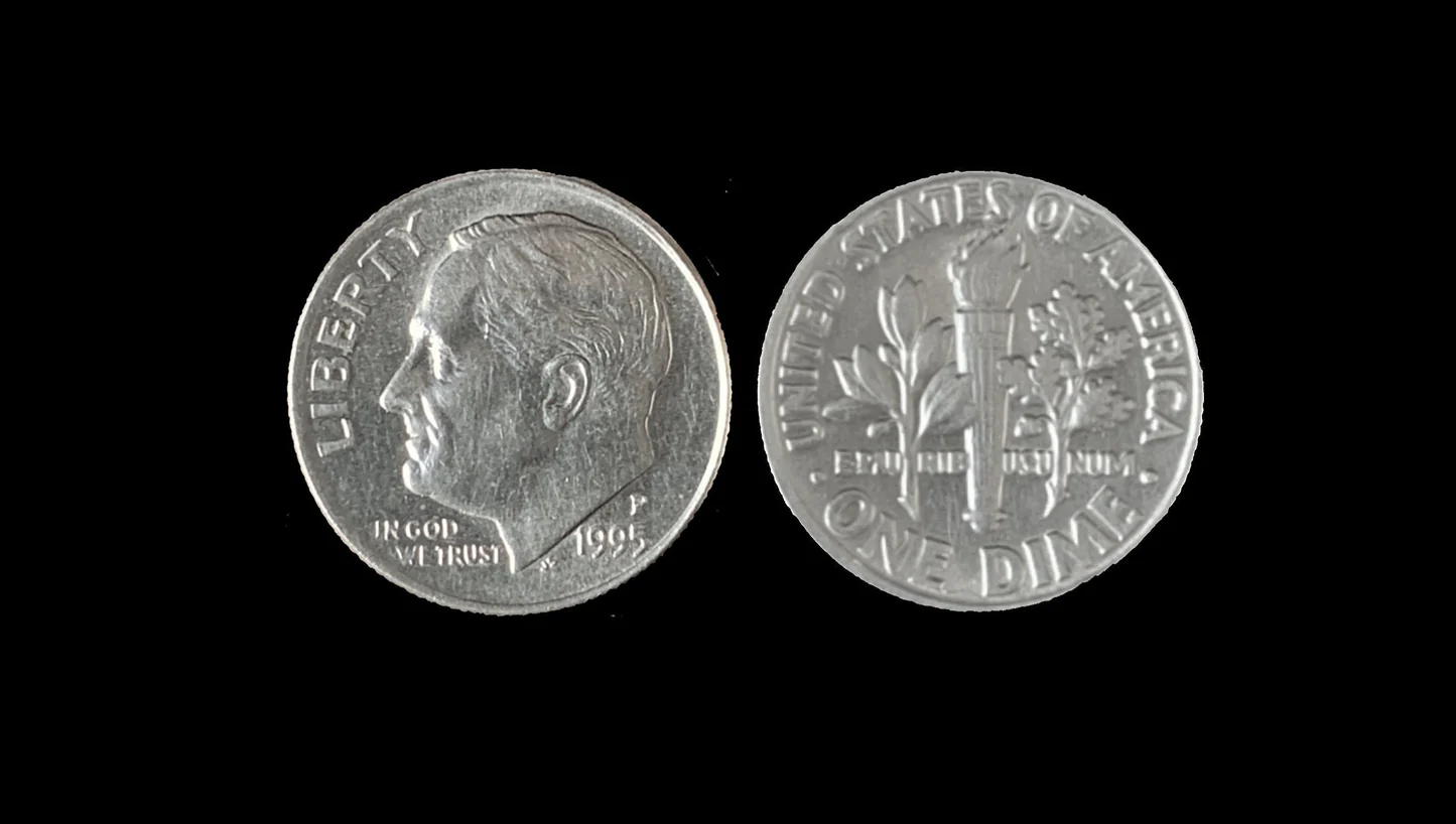 1995 Roosevelt dime grading strip showing four coins from worn Good condition through Mint State gem uncirculated